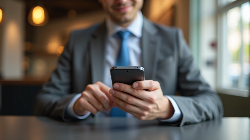 Persona usando aplicación bancaria en teléfono inteligente, interfaz digital visible en pantalla
